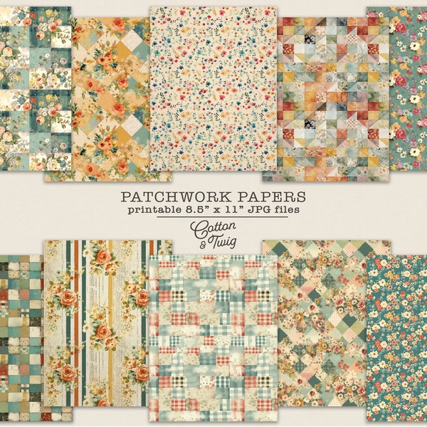 Patchwork Printable Papers, Junk Journal, Digital Download, Collage Papers, Scrapbooking, Vintage Florals