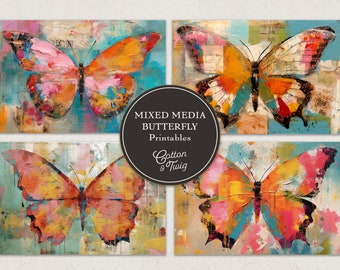 Mixed Media Butterfly Printables, Junk Journal Ephemera, Art Journaling, Digital Download, Tags, Nature Journal