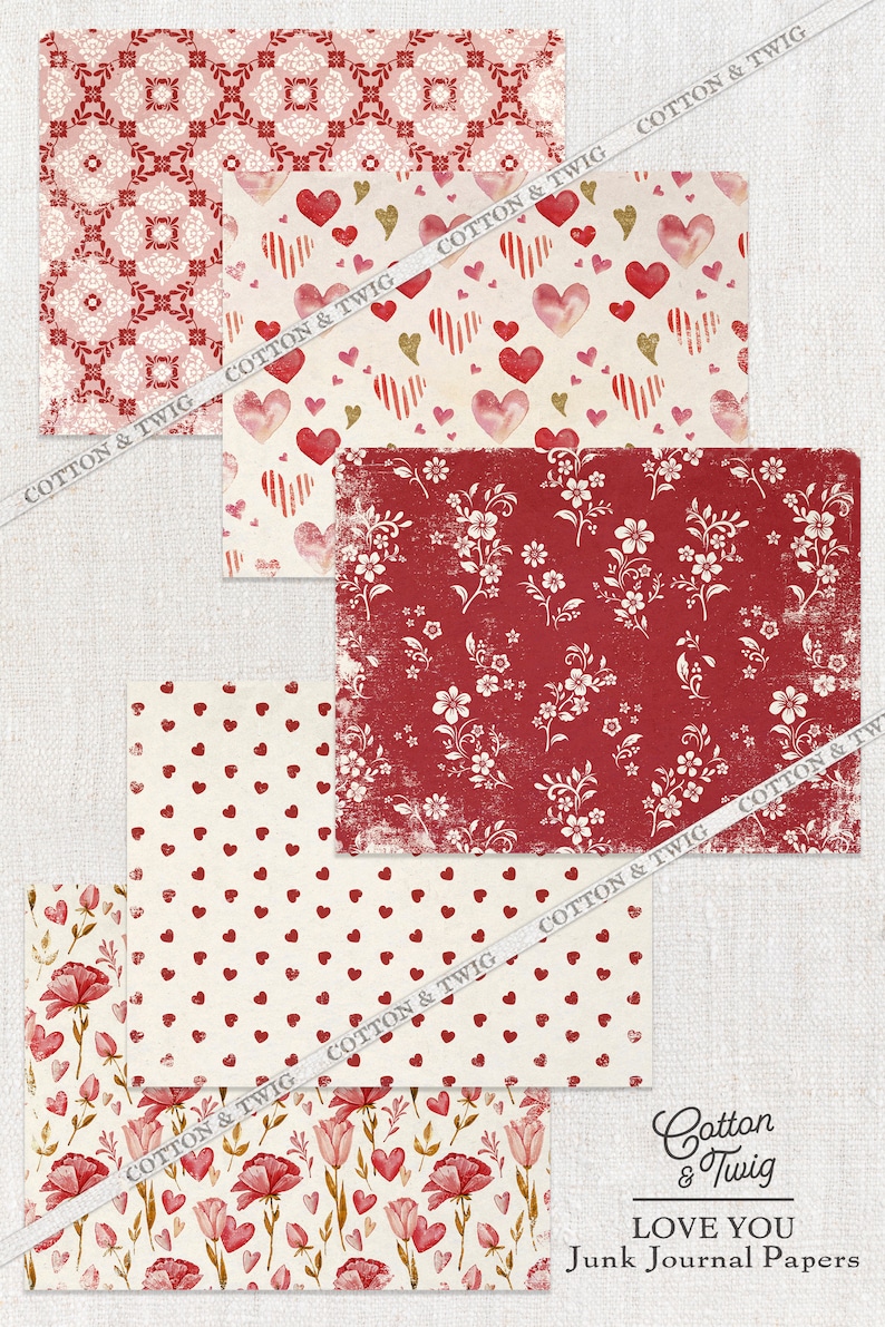 Valentine Papiere, Herzen, Junk Journal Papiere, Download, druckbare Papiere, Collage Papiere, Scrapbooking, Floral, Rot, Pink Bild 3