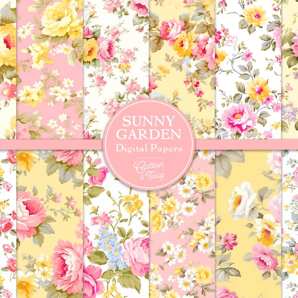 Sunny Garden Junk Journal Papers, Vintage Floral, Digital Download, Printable Papers, Pink and Yellow Florals, Scrapbooking, Card Making