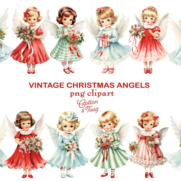 Vintage Christmas Angels Clipart, Digital Download, Holiday PNG Files, Junk Journal, Scrapbooking, Embellishments, Planner Graphics