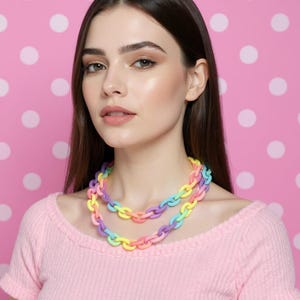 Chunky Pastel Rainbow Chain Necklace: Y2K Double Layer Statement Jewelry