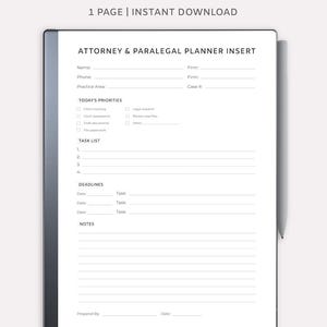 May include: A digital attorney and paralegal planner insert for Remarkable tablets. The white planner page includes sections for priorities, task lists, and deadlines. Text on the page includes "Attorney & Paralegal Planner Insert" and "Instant Download."
