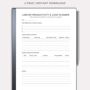 May include: A digital planner for lawyers, designed for Remarkable tablets. The white planner includes sections for top priorities, active cases, and a court/deadline tracker. Text on the planner reads "LAWYER PRODUCTIVITY & CASE PLANNER" and "1 PAGE | INSTANT DOWNLOAD".