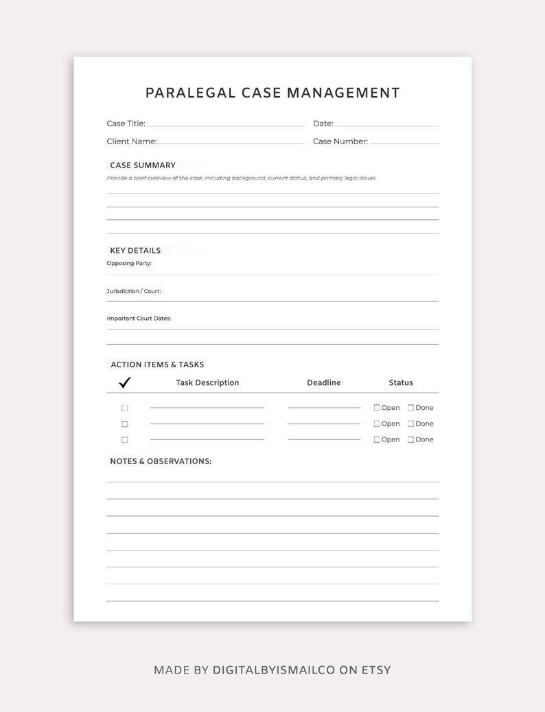 Paralegal Case Management – One Page Legal Assistant Case Tracker for ...