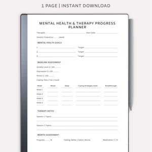 May include: A digital mental health and therapy progress planner designed for Remarkable tablets. The white planner includes sections for goals, baseline assessment, weekly tracking, therapy notes, and a monthly assessment. The text "Mental Health & Therapy Progress Planner" is displayed.