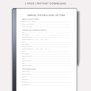 May include: A digital planner for Remarkable tablets. The white page features the text "ANNUAL VISION & GOAL SETTING" and prompts for annual vision statements, goals, and life category goals. The planner is designed for digital use.