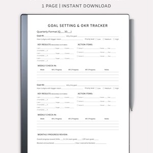 May include: A digital goal setting and OKR tracker template designed for Remarkable tablets. The white document features sections for goals, key results, action items, and weekly check-ins. Text includes "Goal Setting & OKR Tracker" and "Instant Download."