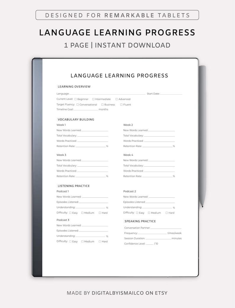 May include: A digital language learning progress tracker designed for remarkable tablets. The white document features sections for vocabulary building, listening practice, and speaking practice. Text includes "Language Learning Progress" and "Instant Download."