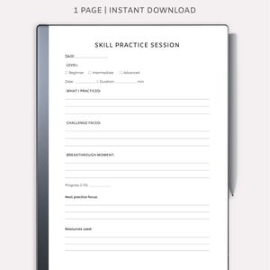 Pode incluir: Um modelo digital de sessão de prática de habilidades para tablets Remarkable. O documento branco apresenta seções para nível de habilidade, data, duração e notas. O texto "SKILL PRACTICE SESSION" está no topo. Download instantâneo.