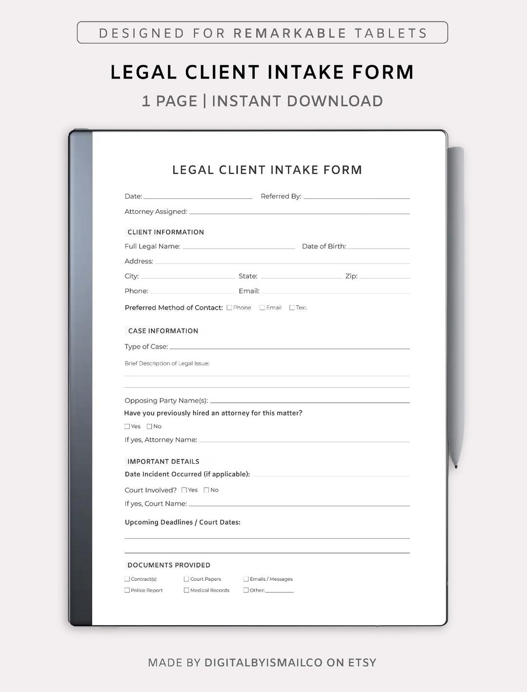 Legal Client Intake Form – One Page New Client Questionnaire for ...