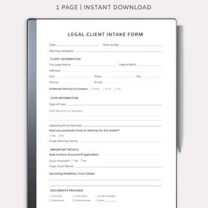 Op de afbeelding: Een digitaal intakeformulier voor juridische cliënten, ontworpen voor opmerkelijke tablets. Het witte formulier heeft zwarte tekst, met secties voor klantinformatie, casusdetails en documentchecklists. De tekst bevat "Legal Client Intake Form" en "Instant Download."