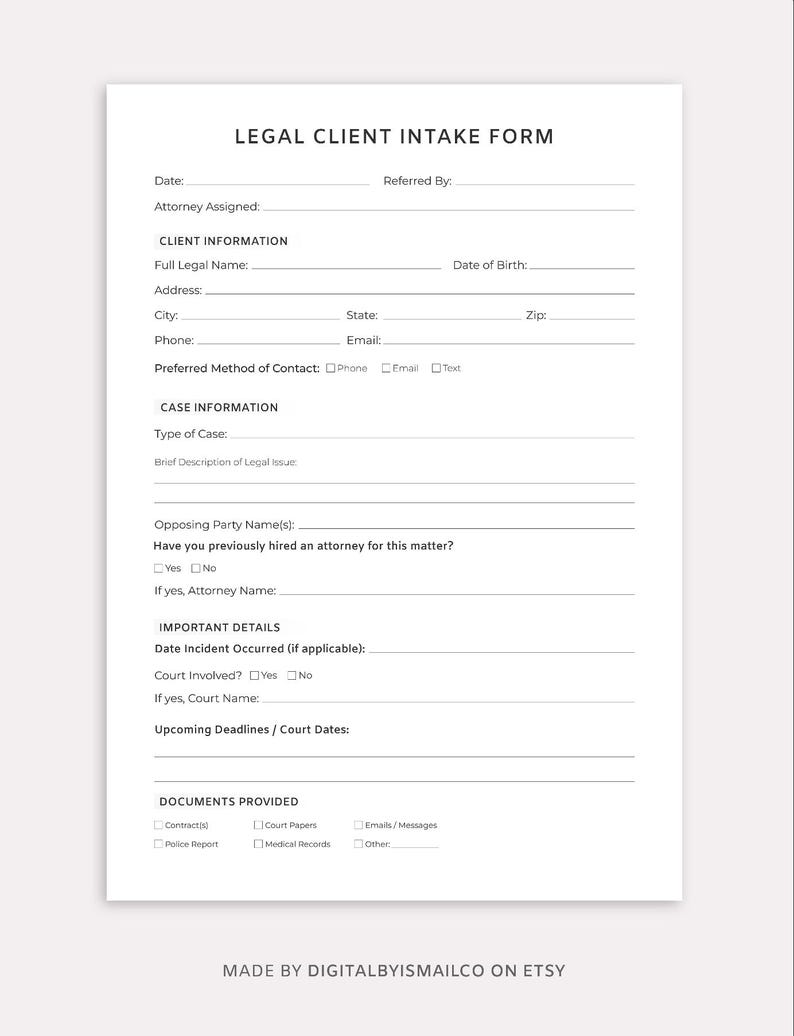 Legal Client Intake Form – One Page New Client Questionnaire for ...