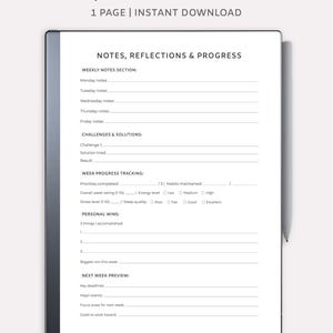 May include: A digital planner template for Remarkable tablets. The white page features sections for weekly notes, challenges, progress tracking, and personal wins. Text includes "Notes, Reflections & Progress" and "Instant Download."