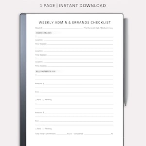 May include: A digital weekly admin and errands checklist designed for Remarkable tablets. The white checklist includes sections for home errands and bill payments, with fields for location, time needed, and amount due. The text "1 PAGE | INSTANT DOWNLOAD" is also visible.