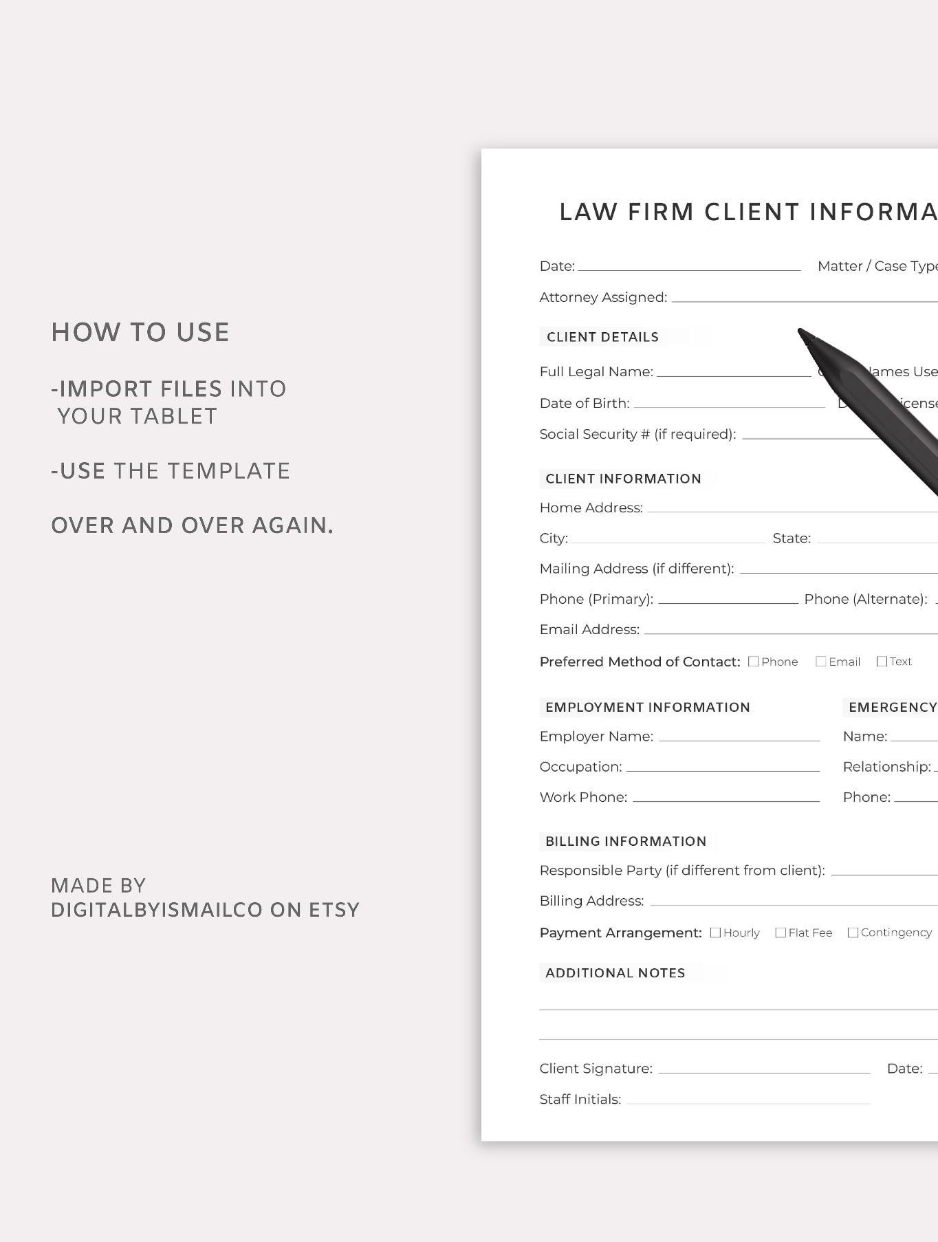 Law Firm Client Information Sheet – One Page Attorney Intake Form for ...