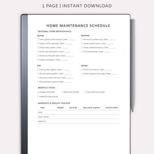 May include: A digital home maintenance schedule template designed for Remarkable tablets. The black and white document includes seasonal and monthly tasks, and a warranty and service tracker. The text reads "Home Maintenance Schedule" and "Instant Download".