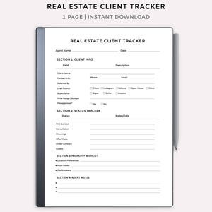 May include: A digital real estate client tracker designed for Remarkable tablets. The document includes sections for client info, status tracking, property wishlists, and agent notes. The text reads "Real Estate Client Tracker" and "1 Page | Instant Download".