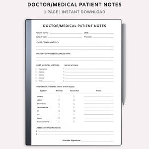 Puede incluir: Una plantilla digital de notas médicas para pacientes de médicos, diseñada para tabletas Remarkable. El documento blanco presenta secciones para información del paciente, historial médico y evaluación, con el texto "DOCTOR/MEDICAL PATIENT NOTES" en la parte superior. Un lápiz óptico está a la derecha.