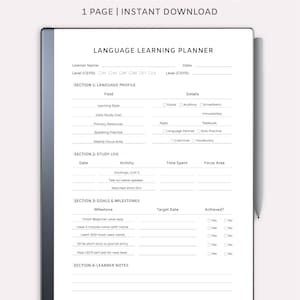 Puede incluir: Un planificador digital de aprendizaje de idiomas para tabletas Remarkable. El planificador blanco incluye secciones para el perfil de idioma, el registro de estudio, los objetivos y las notas del alumno. El texto dice "Language Learning Planner".
