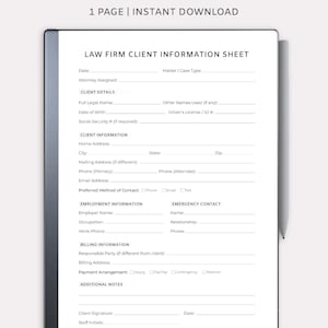 Puede incluir: Una hoja de información del cliente del bufete de abogados digital diseñada para tabletas notables. El documento blanco incluye campos para los detalles del cliente, el empleo, la facturación y la información de contacto de emergencia. El texto incluye "Law Firm Client Information Sheet".