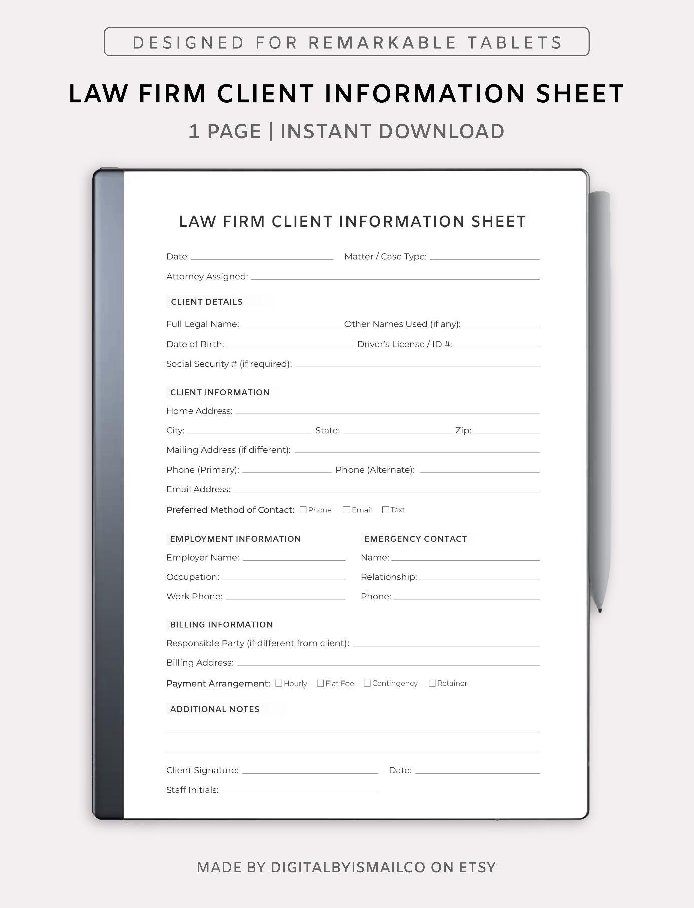 Law Firm Client Information Sheet – One Page Attorney Intake Form for ...