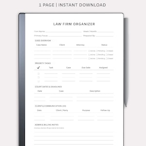 May include: A digital law firm organizer designed for Remarkable tablets. The white document features sections for case overview, priority tasks, court dates, and client communication. Text includes "Law Firm Organizer" and "1 Page | Instant Download."