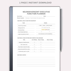 Op de afbeelding: Een digitale planner voor opmerkelijke tablets. De witte planner bevat secties voor dagelijkse functies, taaksystemen en notities. De tekst bevat "Neurodivergent Executive Function" en "Instant Download".