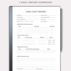 May include: A digital Legal Case Tracker template designed for Remarkable tablets. The white document features fields for case details, important dates, action items, and a communication log. Text includes "Legal Case Tracker" and "1 Page | Instant Download."