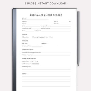 May include: A digital freelance client record template designed for Remarkable tablets. The white document includes fields for client information, project details, and notes. Text on the document includes "Freelance Client Record" and "Instant Download."