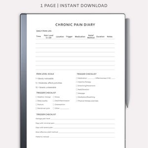 Peut inclure: Un modèle numérique de journal de la douleur chronique pour tablettes Remarkable. Le document blanc présente des sections pour les journaux de douleur quotidiens, les échelles de niveau de douleur et les listes de contrôle des déclencheurs. Le texte comprend "Chronic Pain Diary".