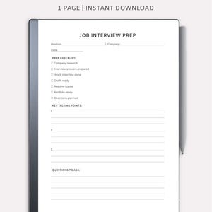 May include: A digital job interview prep template designed for Remarkable tablets. The white document includes sections for position, date, company, a checklist, key talking points, and questions to ask. The text "JOB INTERVIEW PREP" is prominently displayed.