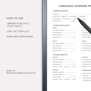 May include: A digital language learning planner template on a tablet. The planner includes sections for vocabulary building, listening practice, and speaking practice. Text on the screen includes "How to Use" and "Made by Digitalbyismailco on Etsy."