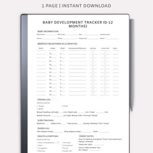 May include: A digital baby development tracker designed for Remarkable tablets. The black and white printable PDF includes sections for baby information, monthly milestones, feeding, sleep, and diaper logs, and health and symptom tracking. The document also has a section for parent notes.