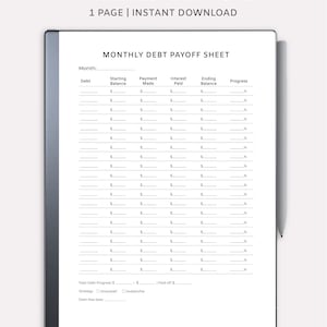 Pode incluir: Uma folha digital mensal de pagamento de dívidas projetada para tablets Remarkable. Inclui seções para dívida, saldo inicial, pagamentos, juros, saldo final e progresso. O texto "Monthly Debt Payoff Sheet" é exibido no topo.