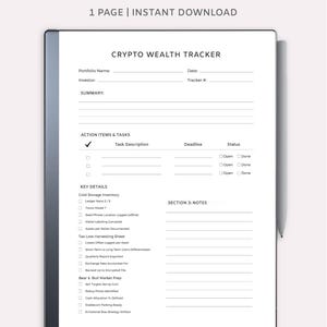 Könnte beinhalten: Eine digitale Crypto Wealth Tracker Vorlage für Remarkable Tablets. Das weiße Dokument enthält Abschnitte für Portfoliodetails, Aktionspunkte, wichtige Details und Notizen. Der Text enthält "Instant Download" und "Made by DigitalbyIsmailco on Etsy."