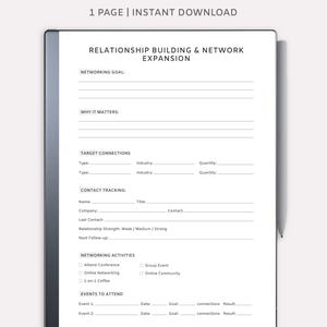 May include: A digital planner for Remarkable tablets. The white page features the title "Relationship Building & Network Expansion" with sections for networking goals, contact tracking, and event planning. The text "1 Page | Instant Download" is also visible.