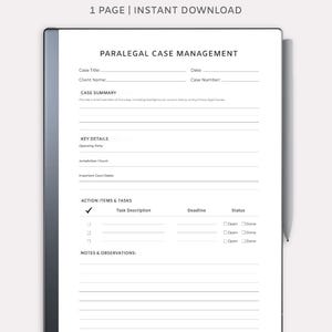 May include: A digital paralegal case management template designed for Remarkable tablets. The white document features fields for case details, summaries, key details, action items, and notes. Text includes "PARALEGAL CASE MANAGEMENT" and "1 PAGE | INSTANT DOWNLOAD."