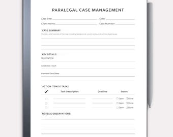 Paralegal Case Management – One Page Legal Assistant Case Tracker for Remarkable & GoodNotes