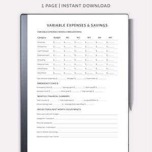 May include: A digital financial planner for Remarkable tablets. The white document features a detailed breakdown of variable expenses and savings, with sections for weekly budgeting, emergency funds, and monthly summaries. Text includes "Variable Expenses & Savings" and "Instant Download."