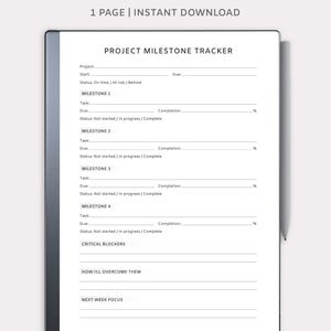Könnte beinhalten: Eine digitale Projekt-Meilenstein-Tracker-Vorlage für Remarkable-Tablets. Das weiße Dokument enthält Abschnitte für Projektdetails, Aufgabenverfolgung und Statusaktualisierungen. Der Text enthält "Project Milestone Tracker" und "Instant Download".