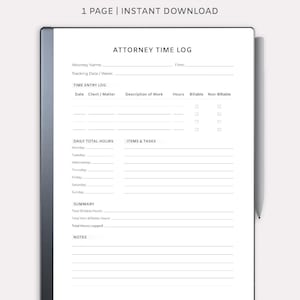 Puede incluir: Una plantilla digital de registro de tiempo para abogados, diseñada para tabletas Remarkable. El documento blanco presenta secciones para información del abogado, registro de tiempo, totales diarios y notas. El texto "ATTORNEY TIME LOG" está en la parte superior.