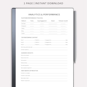 May include: A digital analytics and performance template designed for Remarkable tablets. The white document includes sections for platform performance tracking, top-performing content, audience insights, and next-month optimization. Text includes "Analytics & Performance" and "Instant Download."