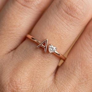 14K Solid gold / personalized (A–Z) / 0.15CT Heart /Lab Grown Diamond/  Band Width: Approx. 1.5–1.8 mm/Initial Promise Ring, Gift for Her