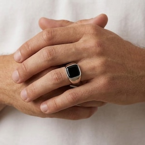 Black Onyx Signet Ring Silver Cushion Cut Bezel Setting Men Ring Minimalist Statement Ring Unique Anniversary Gift For Him Her