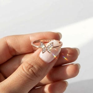 Classic Beauty, Lab Grown Round Diamond, Pave Butterfly Ring, Solid Gold Promise Jewelry, Dainty Anniversary Gift for Her