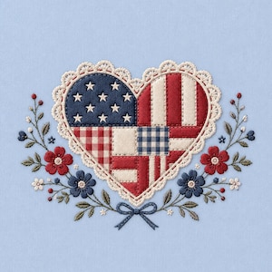 May include: A heart-shaped patriotic design featuring the American flag in a patchwork style. The heart is surrounded by a white lace trim and floral elements in red, blue, and white, set against a light blue background.