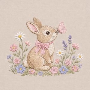 Pode incluir: Um design de bordado em tecido bege apresentando um coelho castanho claro com um laço rosa no pescoço. O coelho está rodeado por flores bordadas em tons de branco, rosa e azul, com uma pequena borboleta rosa pousada no seu nariz.