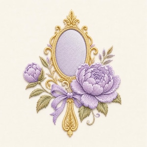 Floral Hand Mirror Embroidery Design, Lavender Peony Rococo Pattern (Digital Download)