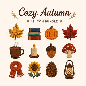 May include: A digital graphic set titled Cozy Autumn 12 Icon Bundle featuring twelve embroidered-style icons: a yellow maple leaf, a stack of three books, an orange pumpkin, a red maple leaf, a brown mug, a lit candle, an acorn, a mushroom, a scarf, a sunflower, a pinecone, and a lantern.